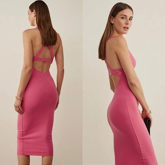 REFORMATION Rib Knit Sleeveless Crisscross Back Scoop Neck Bodycon Midi Dress S - Picture 3 of 10